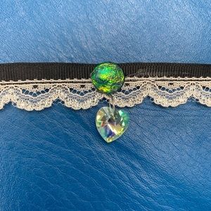 Choker black with lace with green faux stone